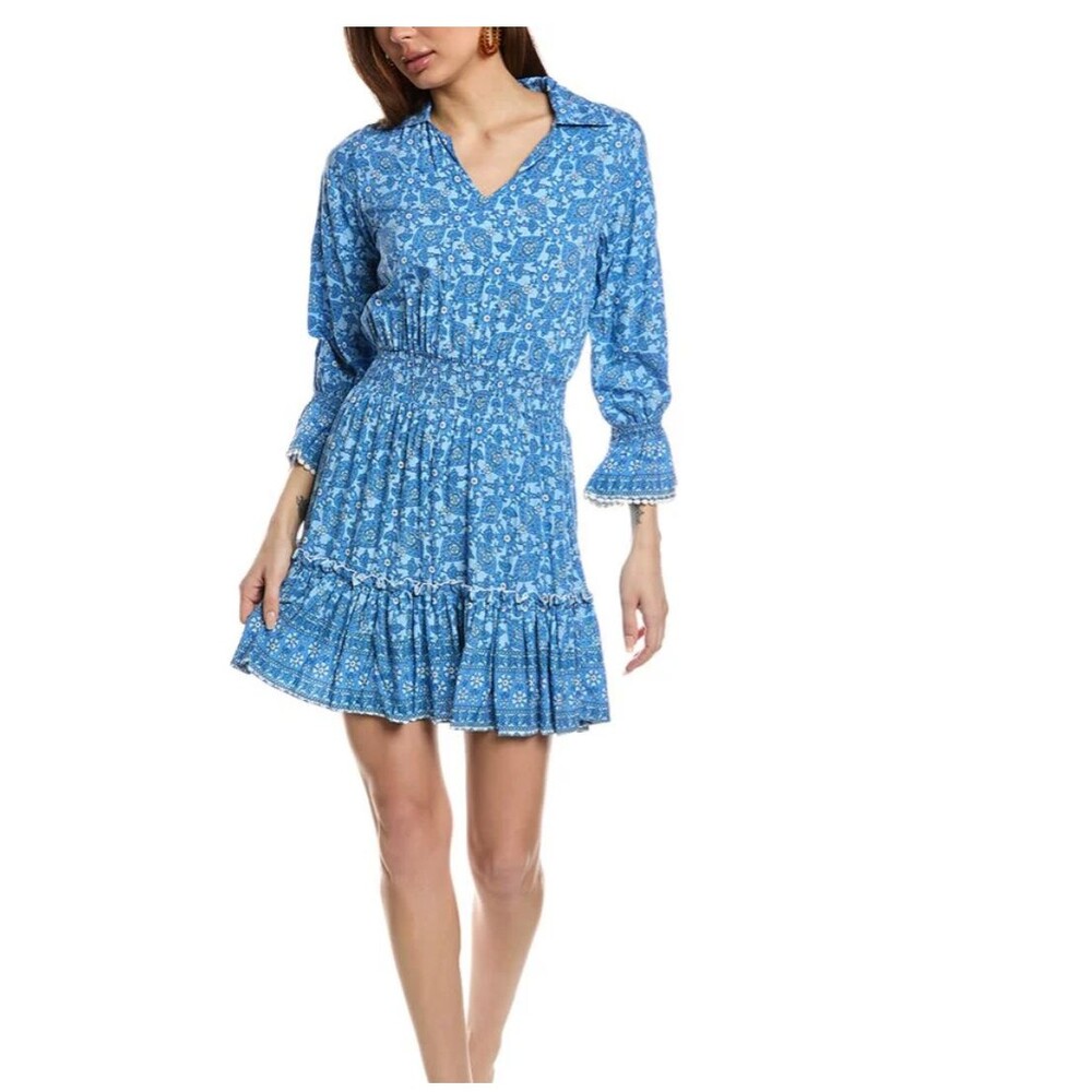 Walker & Wade Mia Mini Dress Dockside Blue Floral Ruffle Boho Long Sleeve L